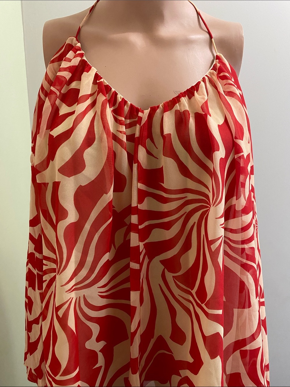 Red & Cream Halter Printed Silk Tank